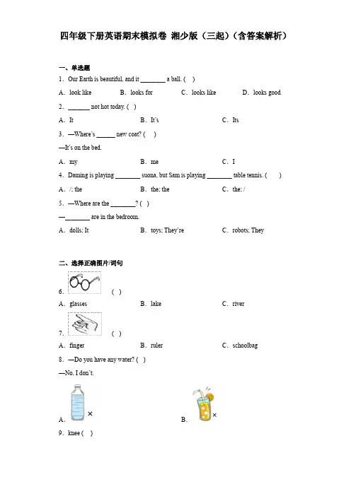 湘少版(三起)英语四年级下册 期末模拟卷 