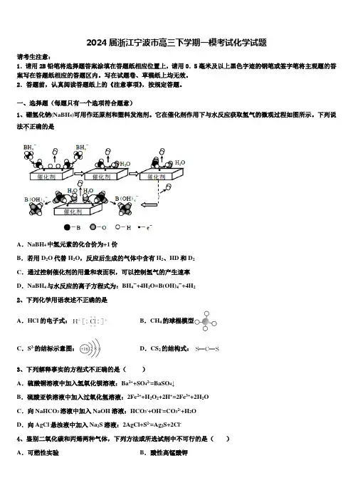 2024届浙江宁波市高三下学期一模考试化学试题含解析