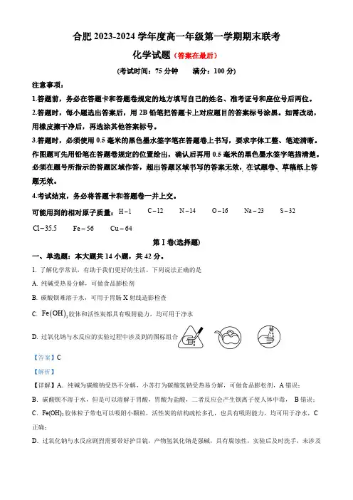 安徽省合肥市2023-2024学年高一上学期期末考试化学试题含答案