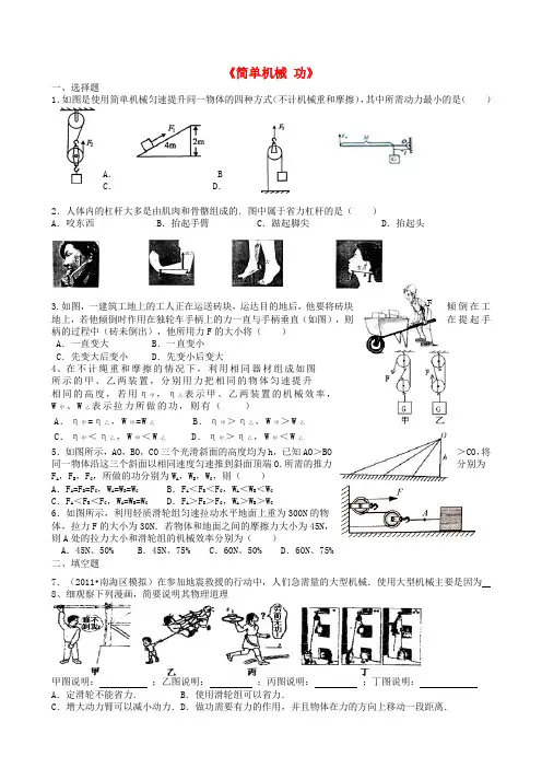 山东省龙口市诸由观镇诸由中学中考物理 第九章《简单机械 功》复习测试题