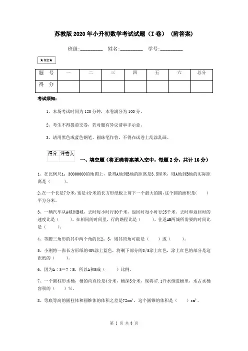 苏教版2020年小升初数学考试试题(I卷) (附答案)