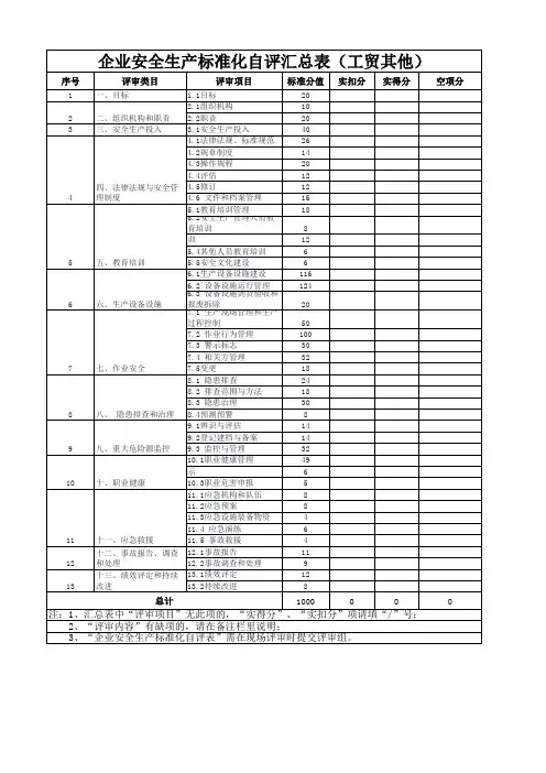 企业安全生产标准化自评汇总表模板(工贸企业-其他)