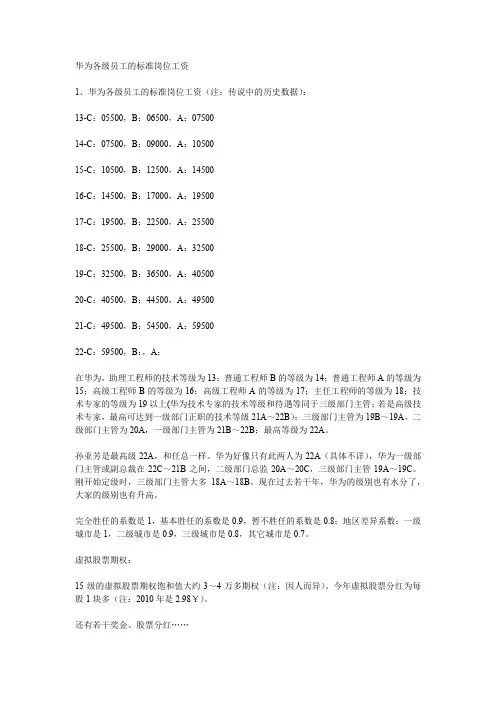 华为各级员工的标准岗位工资