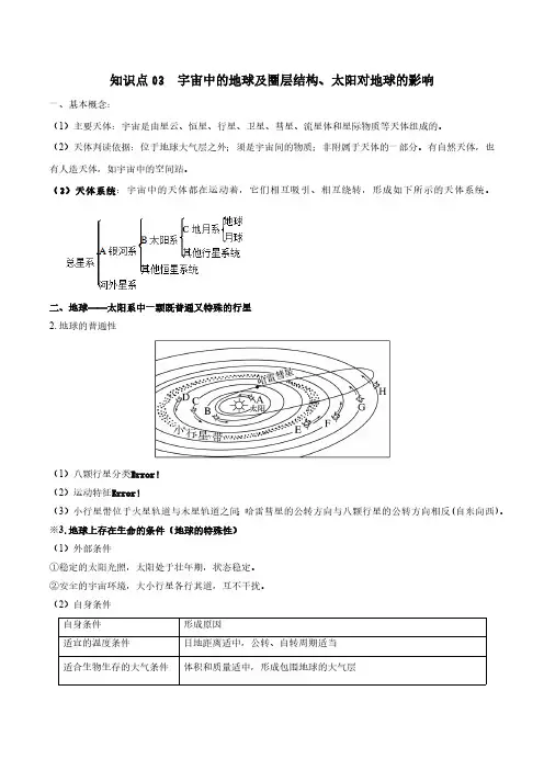知识点 宇宙中的地球及圈层结构、太阳对地球的影响-高考地理知识手册(全国通用)