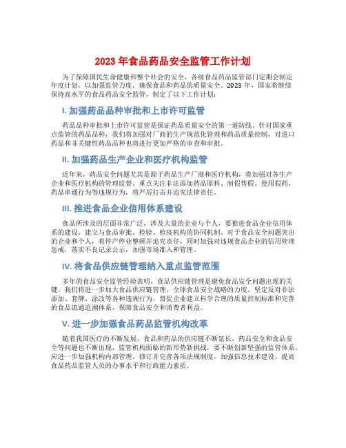 2023年食品药品安全监管工作计划