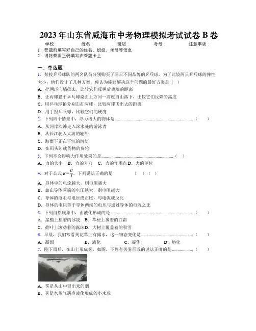 2023年山东省威海市中考物理模拟考试试卷B卷及解析