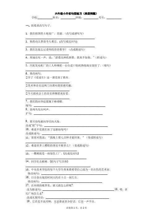 六年级下册语文试题 - 小升初句型练习 含答案 部编版