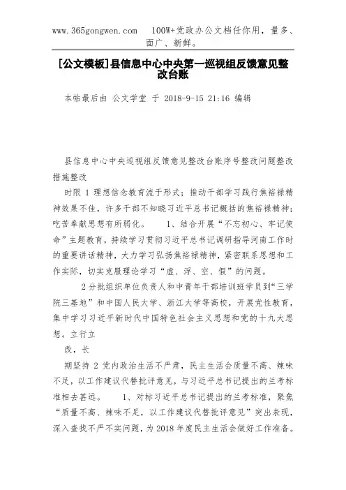 [公文模板]县信息中心中央第一巡视组反馈意见整改台账