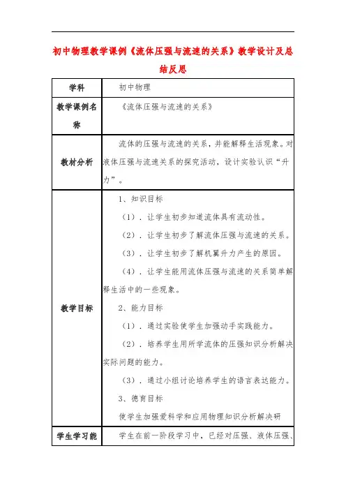 初中物理教学课例《流体压强与流速的关系》教学设计及总结反思