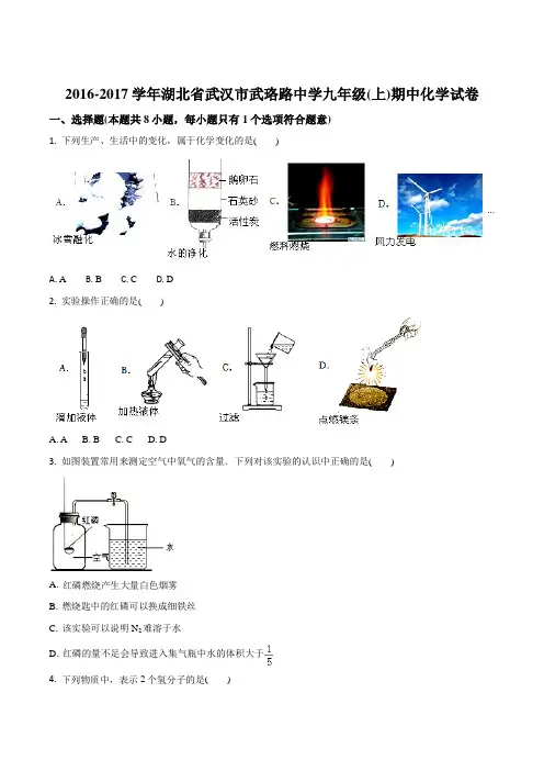 湖北省武汉市武珞路中学2016-2017学年九年级(上)期中化学试卷(原卷版)