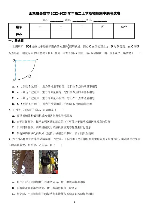 山东省泰安市2022-2023学年高二上学期物理期中联考试卷(含答案)