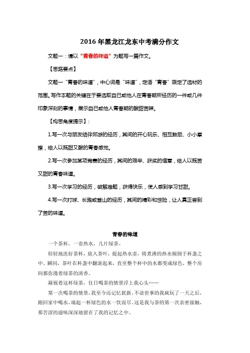 2016年黑龙江龙东中考满分作文《青春的味道》2