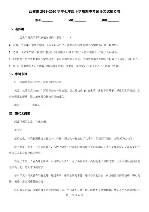西安市2019-2020学年七年级下学期期中考试语文试题C卷