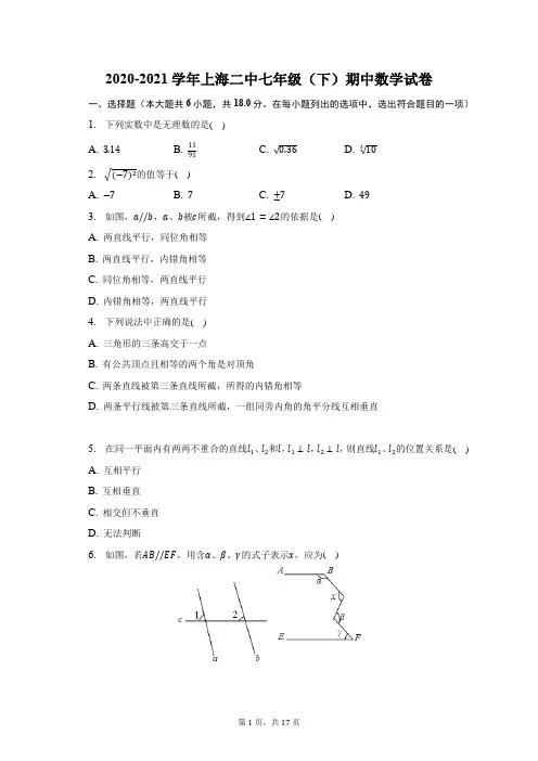 2020-2021学年上海二中七年级(下)期中数学试题及答案解析