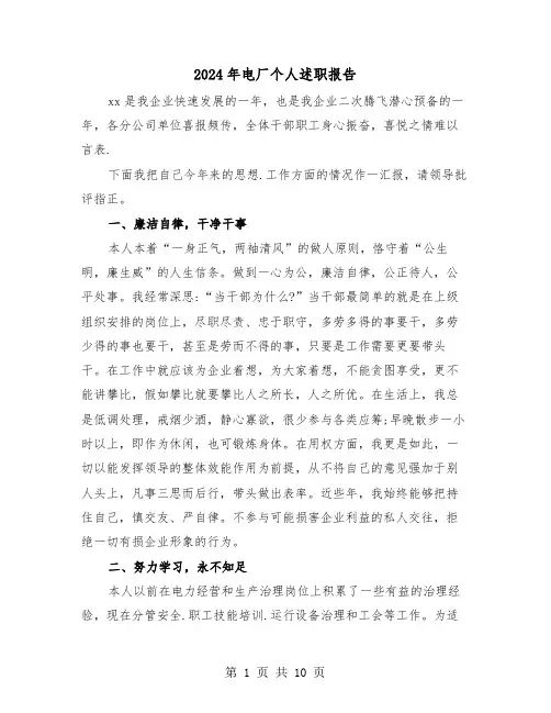 2024年电厂个人述职报告（三篇）