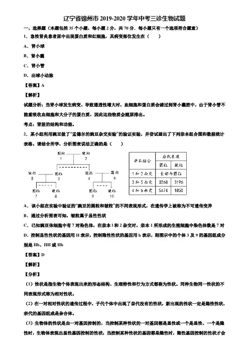辽宁省锦州市2019-2020学年中考三诊生物试题含解析