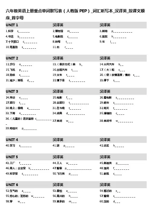 4,六年级英语上册重点单词默写表(人教版PEP)_词汇听写本_汉译英_按课文顺序_首字母