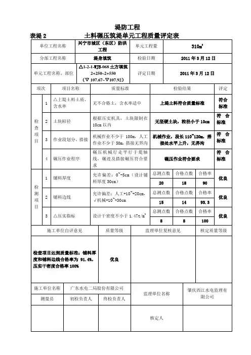 水利工程质量评定表