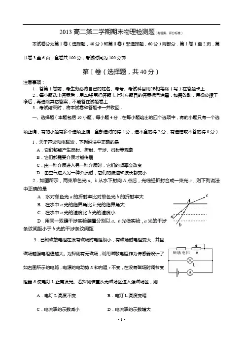 2013高二下学期末物理检测题(精品、含答案、评分标准)