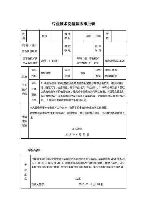专业技术岗位兼职审批表