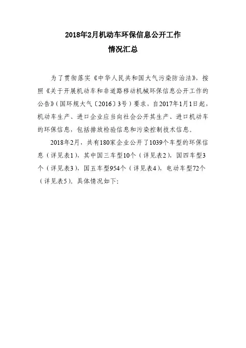 2018年2月机动车环保信息公开工作情况汇总