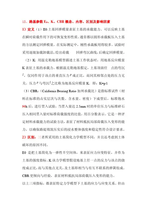 15、路基参数E0、K、CBR概念、内容、区别及影响因素