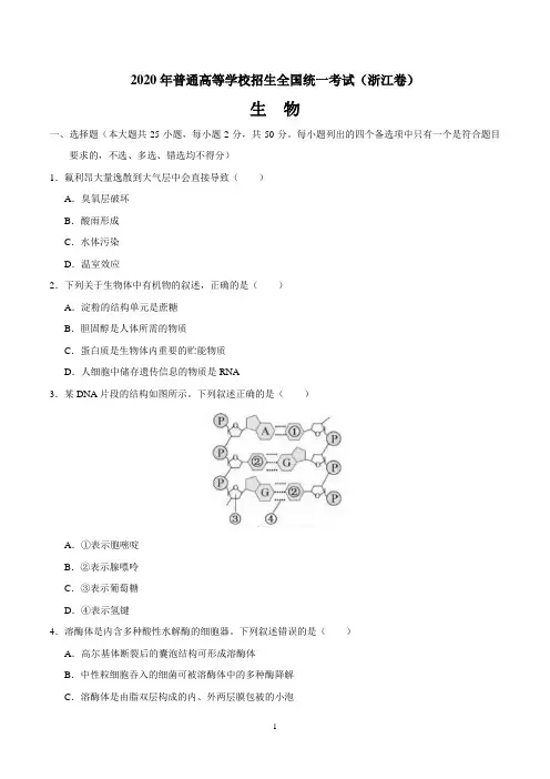 2020年-浙江卷高考生物试题及答案