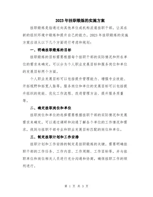 2023年挂职锻炼的实施方案