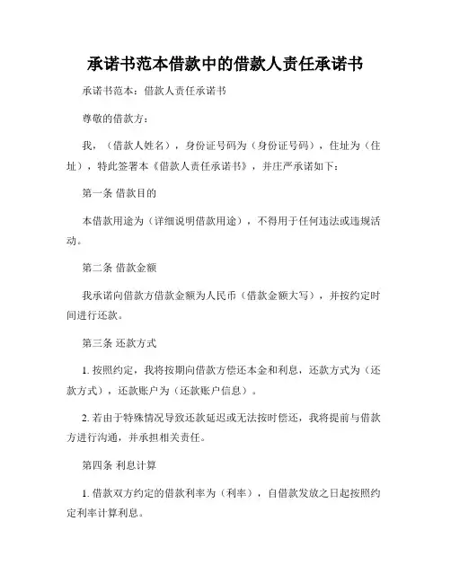 承诺书范本借款中的借款人责任承诺书