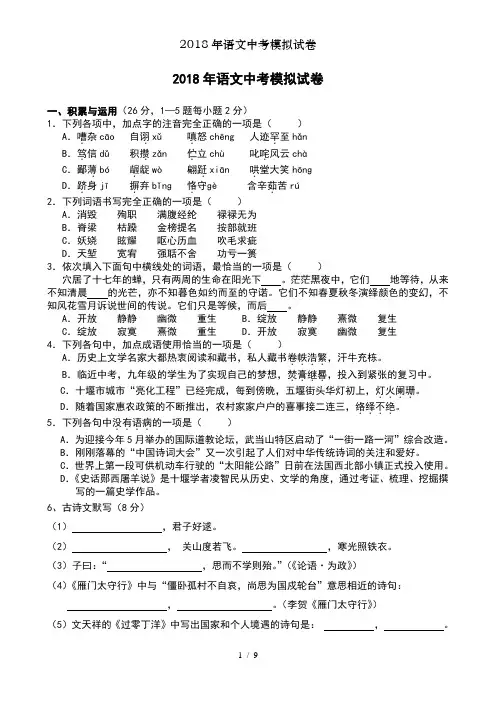 2018年语文中考模拟试卷