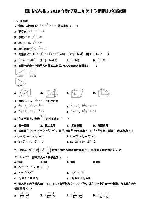 四川省泸州市2019年数学高二年级上学期期末检测试题