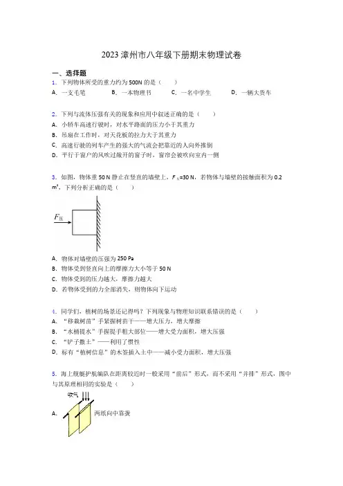 2023漳州市八年级下册期末物理试卷