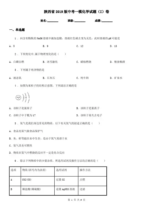 陕西省2019版中考一模化学试题(I)卷