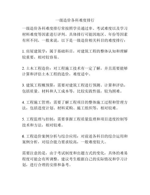 一级造价各科难度排行