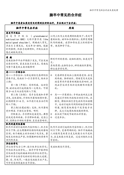 脑卒中常见的合并症及其处理