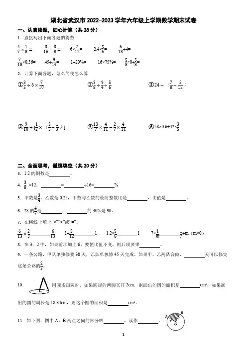 湖北省武汉市2022-2023学年六年级上学期数学期末试卷(含答案)