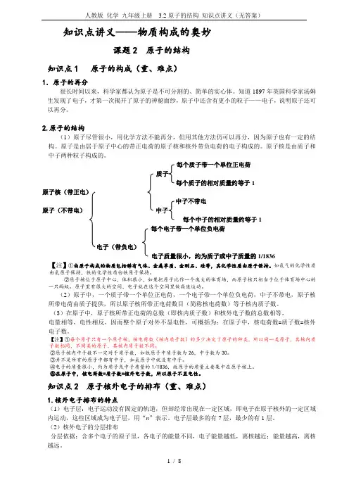 人教版 化学 九年级上册  3.2原子的结构 知识点讲义(无答案)