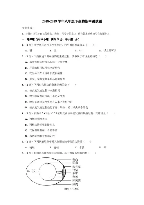 2018-2019学年八年级下生物期中测试题含答案和答题卡