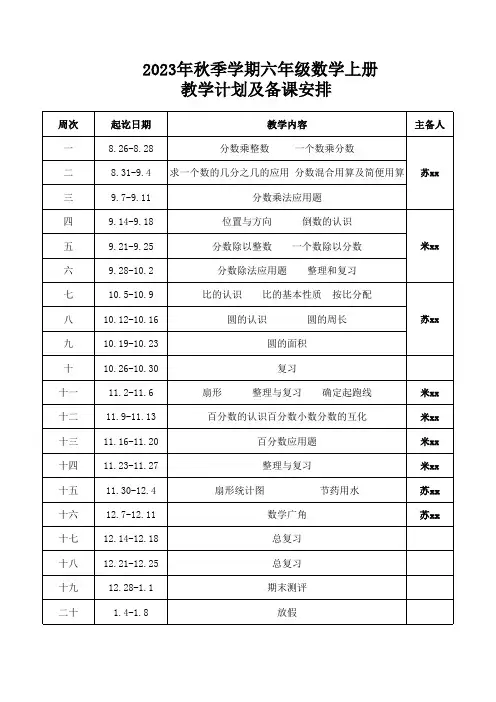 人教版六年级数学上册教学计划表