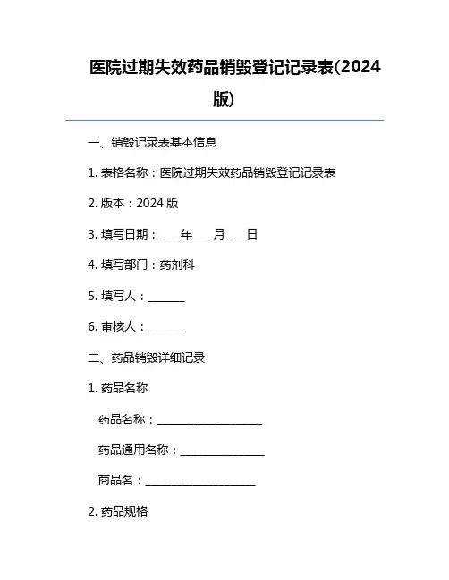医院过期失效药品销毁登记记录表(2024版)