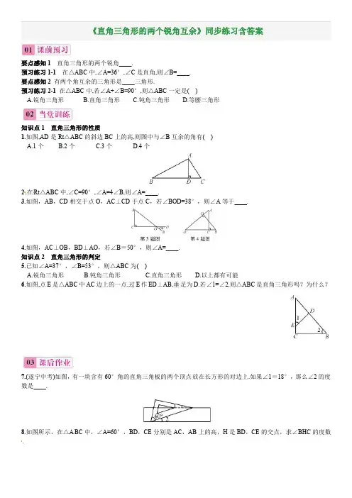 《直角三角形的两个锐角互余》同步练习含答案