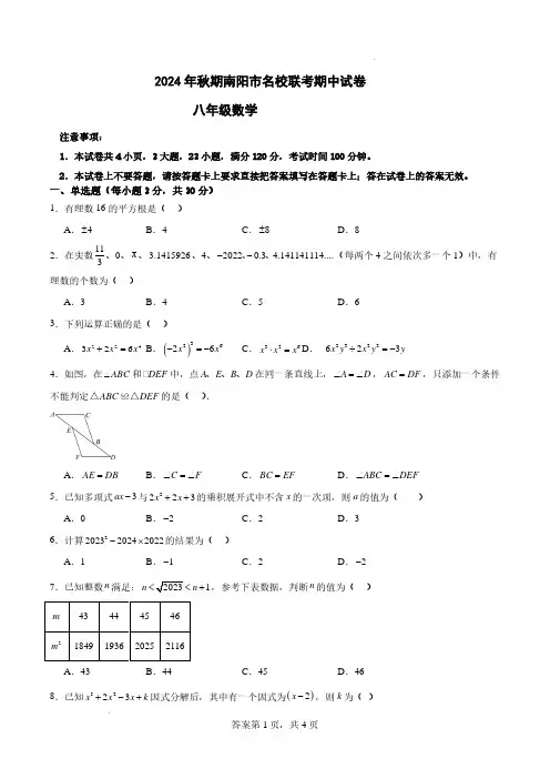 河南南阳名校联考2024年八年级上学期11月期中数学试题
