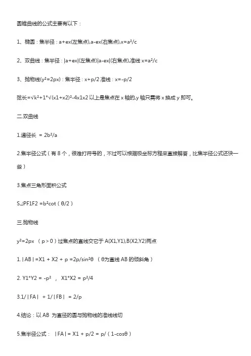 圆锥曲线公式