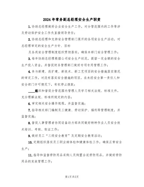 2024年常务副总经理安全生产职责（三篇）