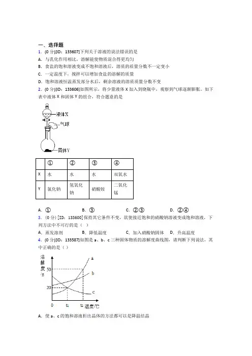 初中化学九年级上册第九单元《溶液》测试题(含答案解析)(5)
