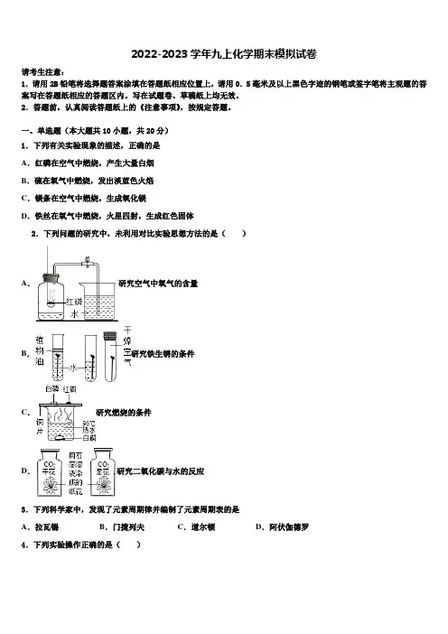 2022-2023学年江苏省无锡市锡中学实验学校九年级化学第一学期期末学业质量监测模拟试题含解析