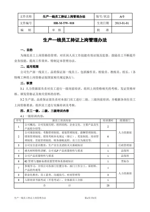 生产一线员工持证上岗管理办法