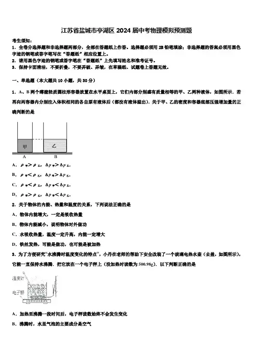 江苏省盐城市亭湖区2024届中考物理模拟预测题含解析