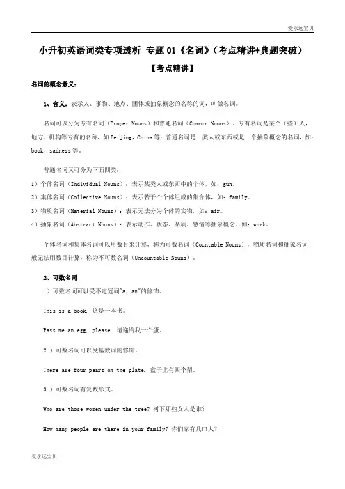 2020年小升初六年级英语词类专项考点精讲+典题突破 专题01《名词》(通用版含答案)