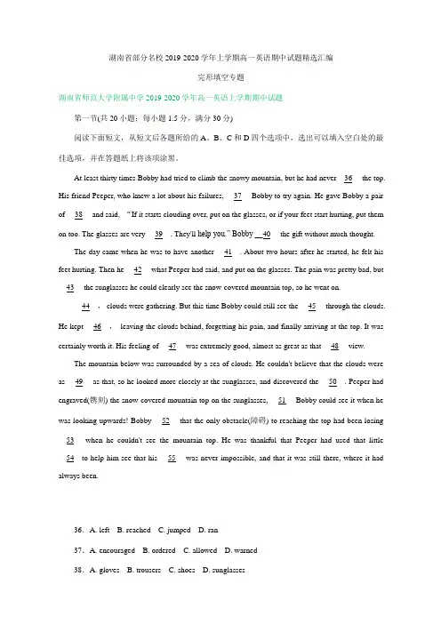 湖南省部分名校2019-2020学年上学期高一英语期中试题精选汇编：完形填空专题(部分详解)